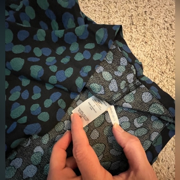 Midi Dress Black Green/Blue Abstract Dots V-Neck Elbow Sleeve Tie Waist Large - Picture 7 of 12